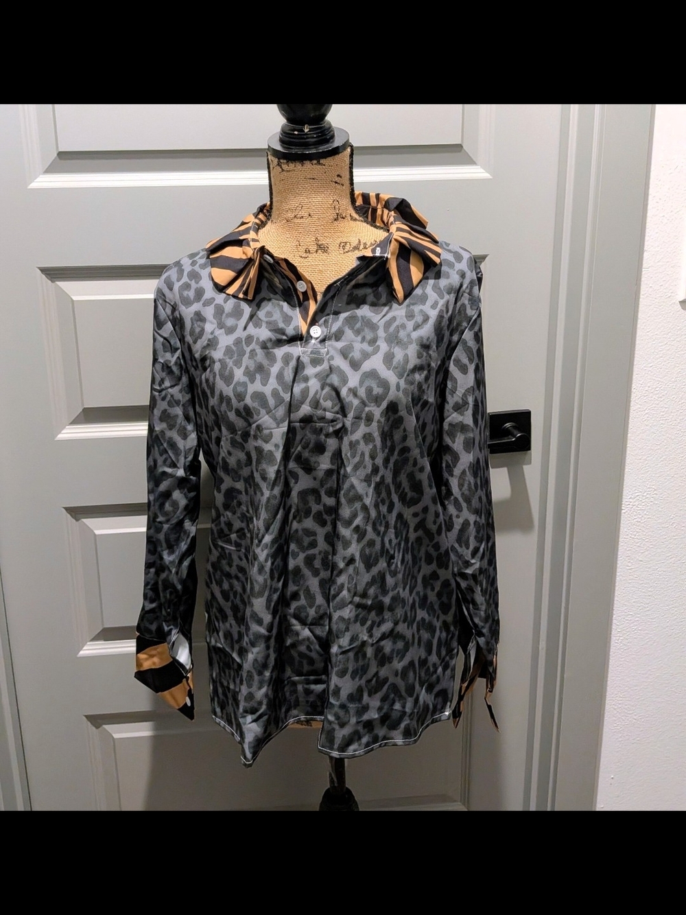 Animal Print Ruffle Collar Blouse - Picture 2 of 5